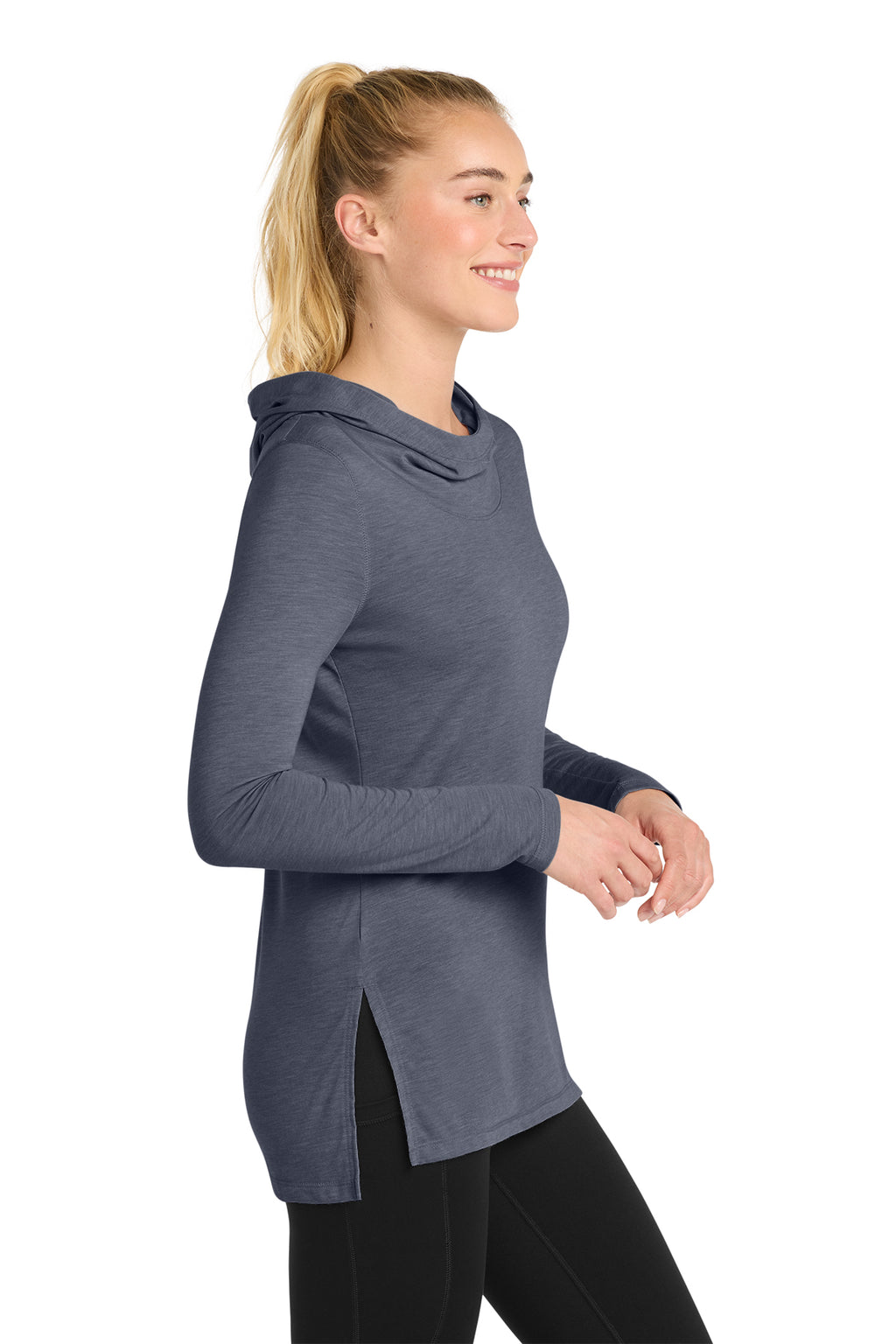 BREATHE Inhale Exhale / Women's Tri-Blend Wicking Long Sleeve Hoodie / Navy Heather
