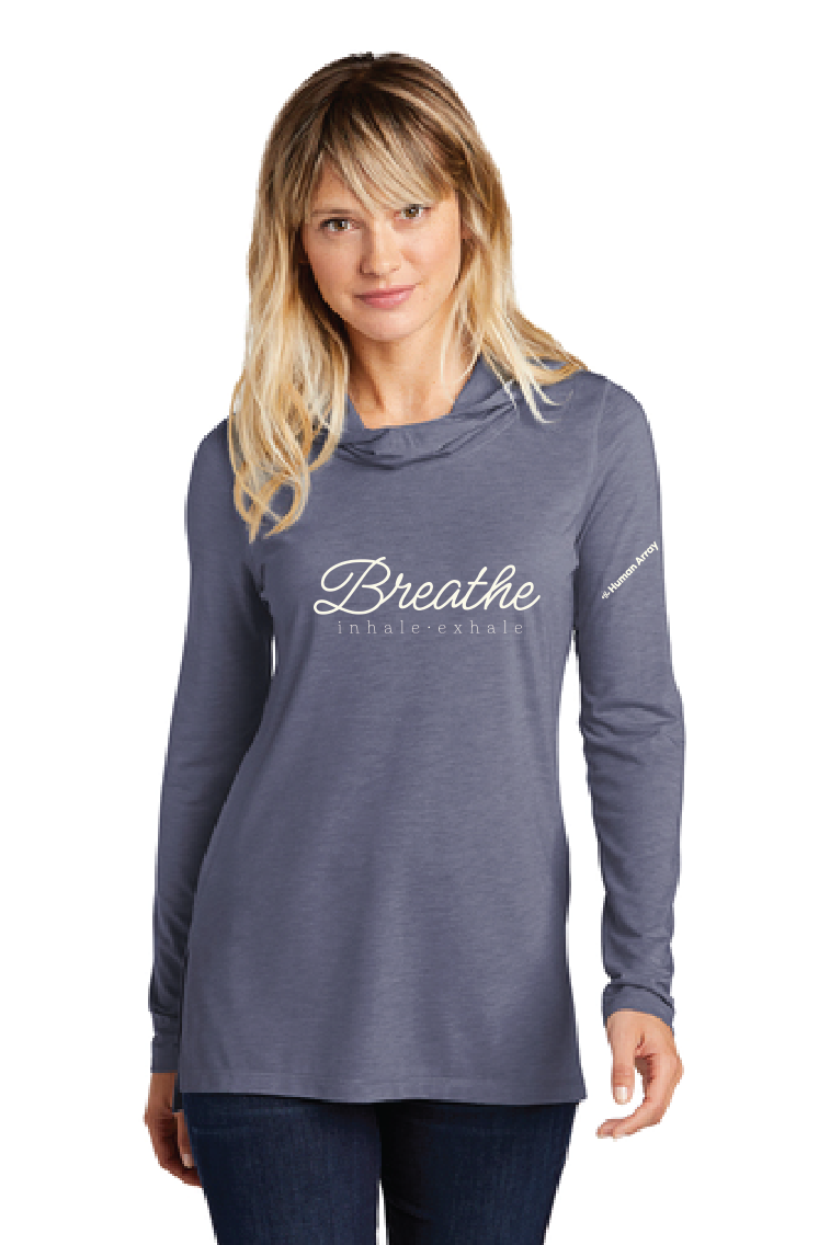 BREATHE Inhale Exhale / Women's Tri-Blend Wicking Long Sleeve Hoodie / Navy Heather